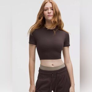 Lululemon Wundermost Ultra-Soft Nulu Crewneck Cropped T-Shirt in Sequoia / Brown